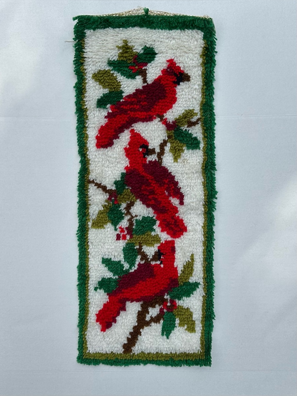 Vintage Latch Hook Cottagecore Wall Hanging 3 Cardinals Birds Holiday Decor